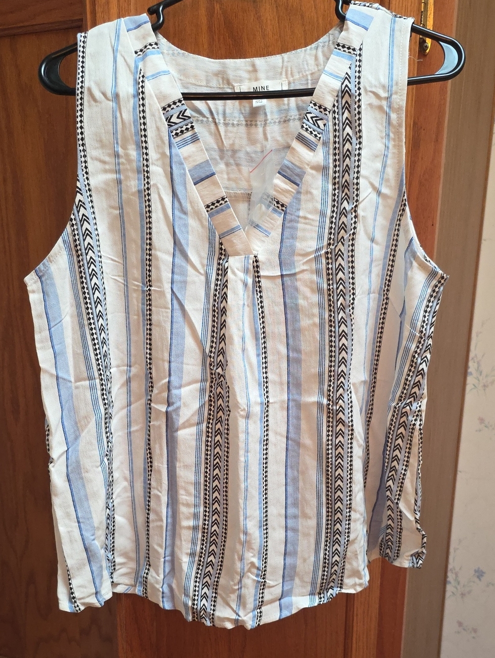 MINE Striped V-Neck Tank Top in Light Blue, White and Black NWOT